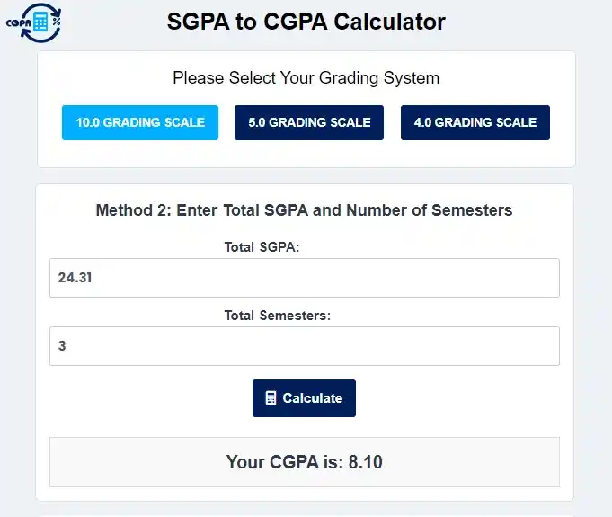 SGPA to CGPA Method 2